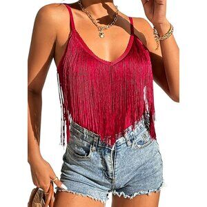 Women's Red Fringe Tank Top Western Festival Clothing Cowgirl V Neck Outfits